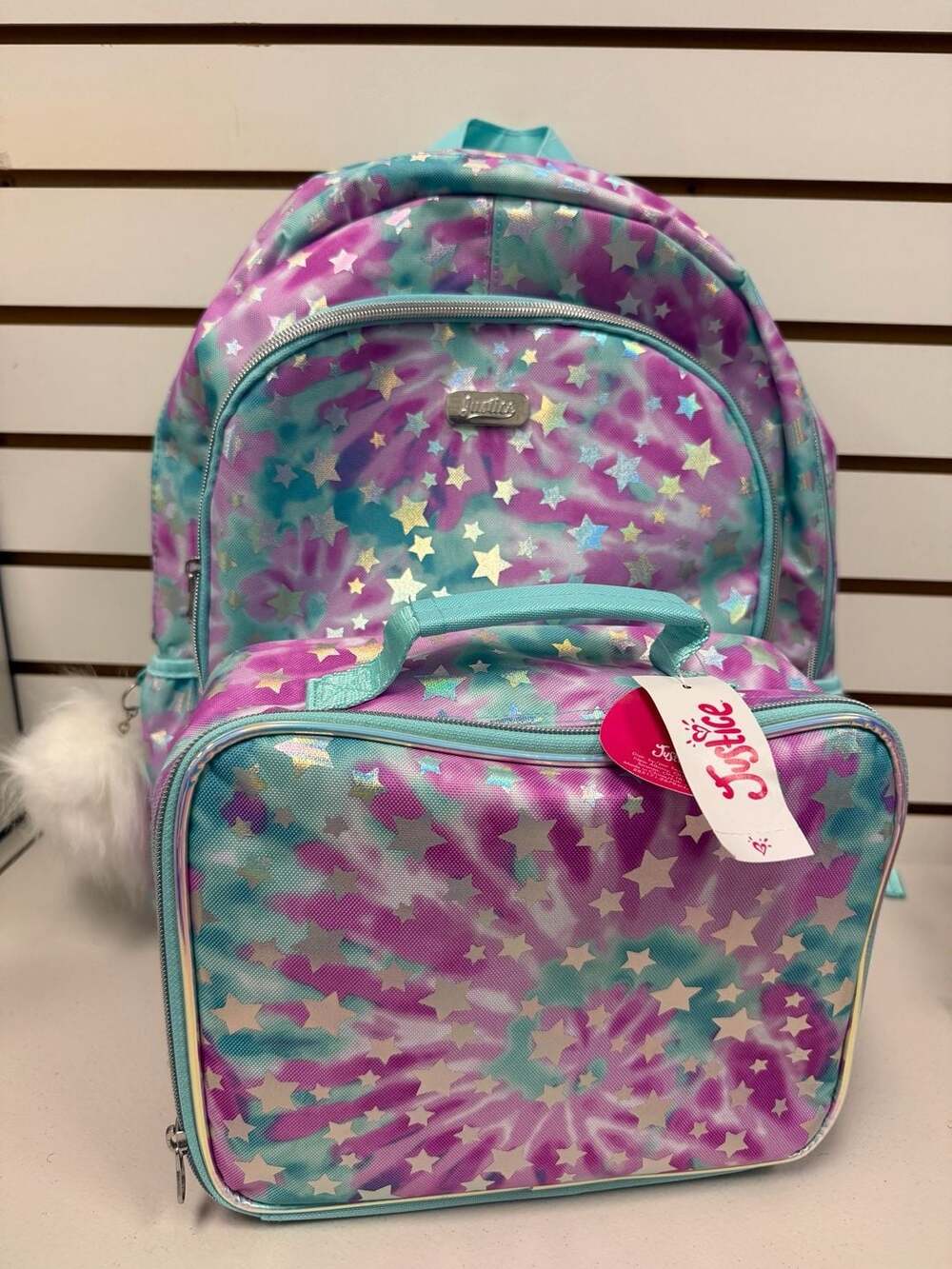 Justice Girls Tie Dye Shimmer Foil Stars Backpack and Matching Lunch Box Set NWT